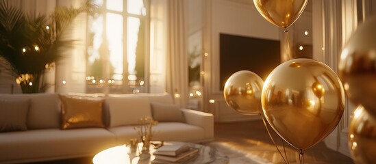 Golden balloons float in a sunlit luxury living room with a beige sofa and coffee table.