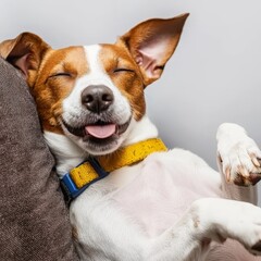 Cheerful Dog Relaxing on a Cozy Couch with Tongue Out in a Warm and Inviting Living Room Setting Emphasizing Comfort and Playful Companionship