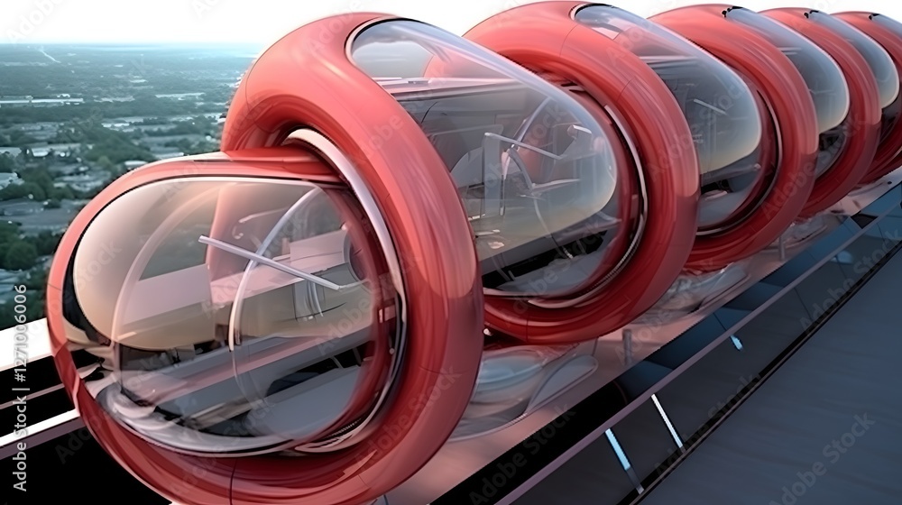 Poster a captivating image showcasing a futuristic spiral ventilation duct system with an aerodynamic and s