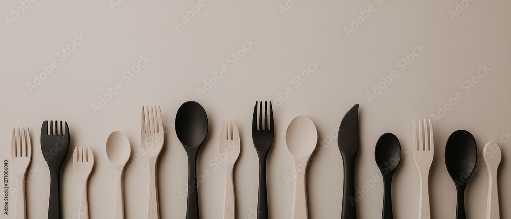 Poster collection of cutlery arranged in a row on a plain beige background. there are nine forks and six sp