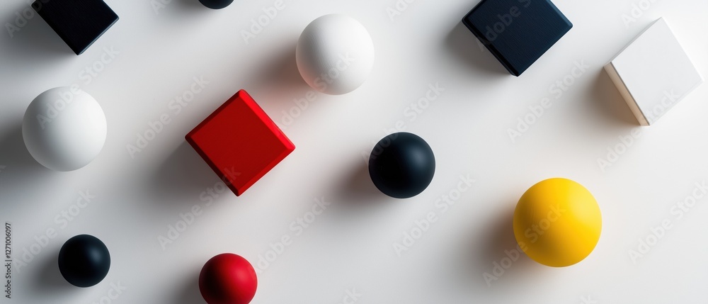 Poster flat lay of various objects arranged in a scattered manner on a white background.