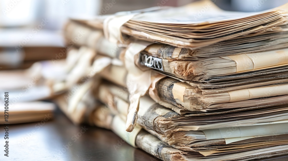 Aufkleber neatly organized stack of old documents and files symbolizing financial records and management : gen