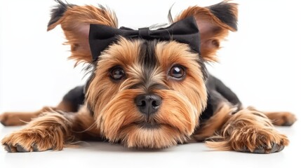 Adorable Small Dog with a Colorful Bow on Its Head Sitting Playfully in a Bright Room Filled with Natural Light and Cheerful Atmosphere of Joy