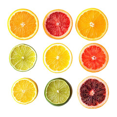 CONTENT exhibited, top view of six different fruits: sliced lemon and orange on the left side, lime in the transparent background PNG.