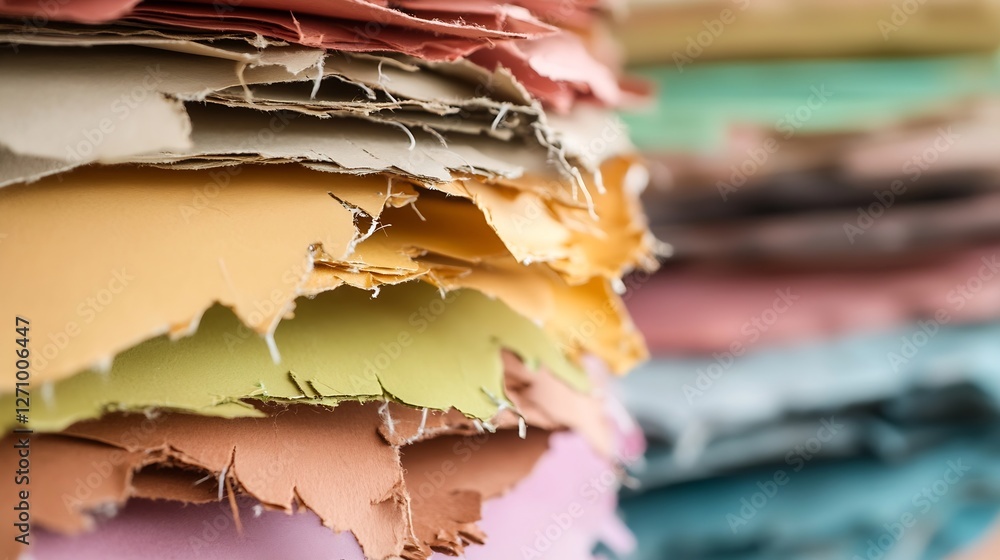 Poster Vibrant stack of colorful torn paper with a soft focus background creating an artistic effect : Generative AI