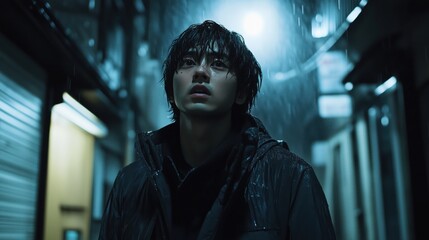 Young man with a worried expression looking up at the rain falling in a dark alley at night, feeling fear and loneliness