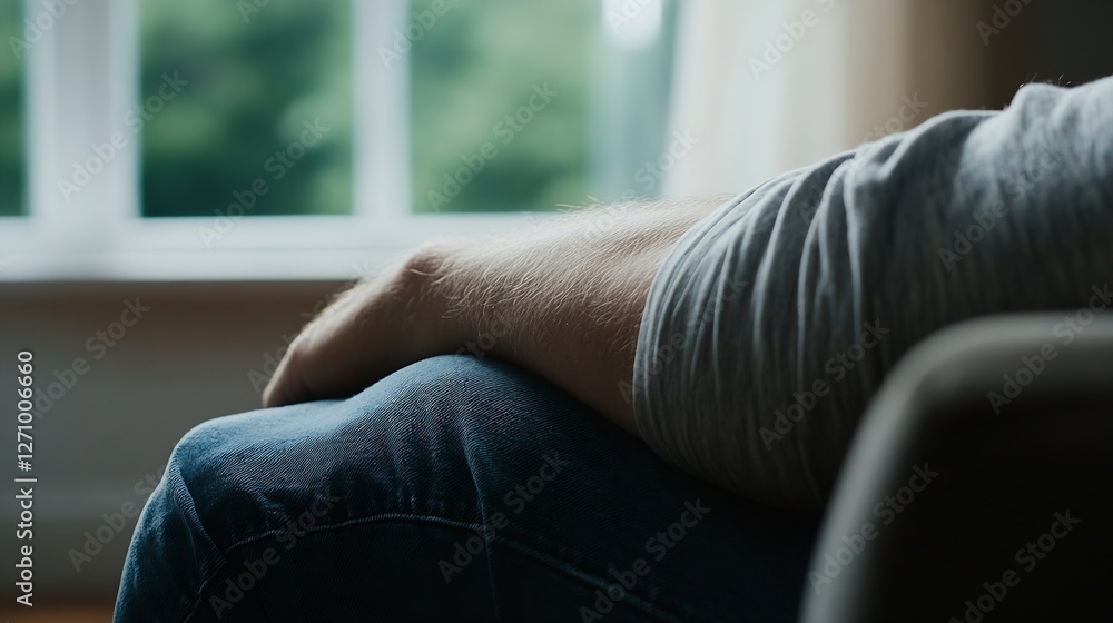 Poster closeup of a man's arm resting on a knee by a sunny window creating a peaceful living atmosphere : g