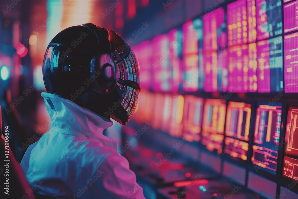Aufkleber futuristic figure in a space helmet monitors colorful digital data on glowing screens in a high-tech