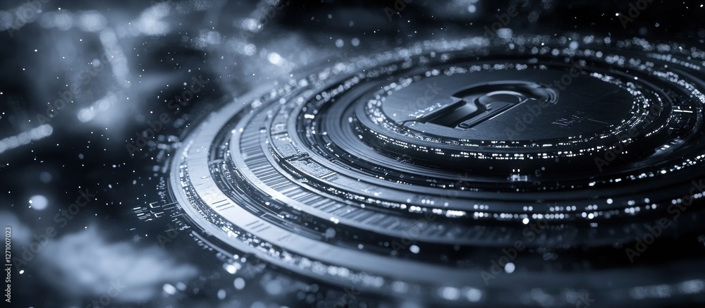 Poster abstract circular metallic structure with glowing details, resembling futuristic technology or a com