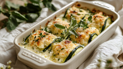 Baked zucchini rolls filled with a creamy mixture, garnished with fresh herbs in a baking dish.