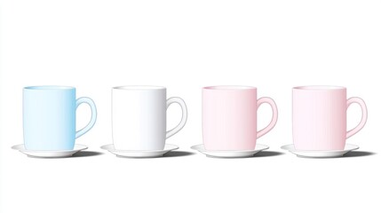 Pastel Colored Mugs and Saucers on White Background
