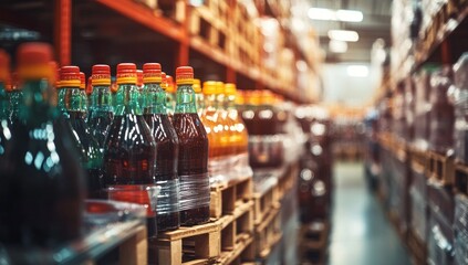 Rows of bottled beverages on pallets in a warehouse.