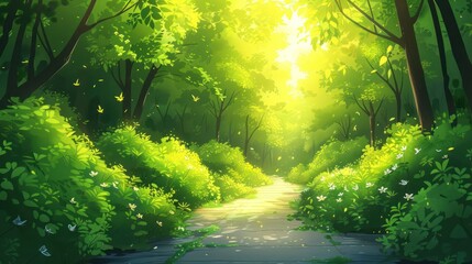 Obraz premium A serene forest path illuminated by sunlight, surrounded by lush greenery and butterflies.