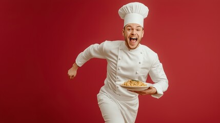 A joyful and enthusiastic chef in a classic white uniform, running with a plate of freshly prepared pasta against a bold red background