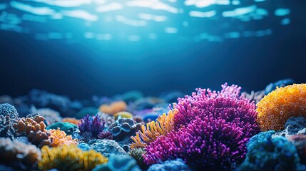 Plastic pollution concept. Vibrant coral reef thriving beneath a sparkling blue sea, showcasing marine biodiversity.