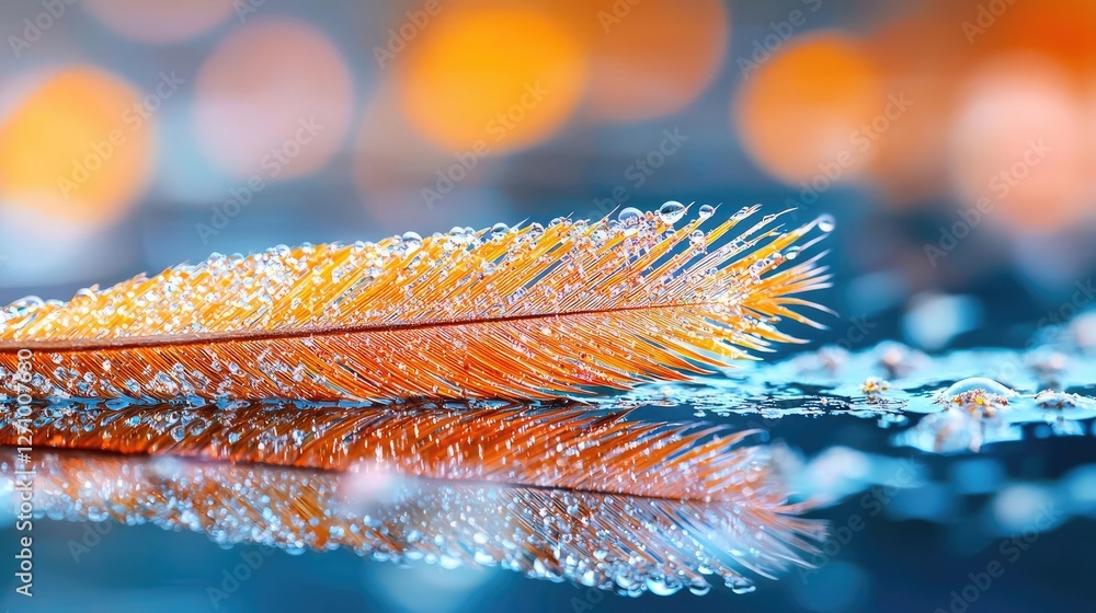 Poster plastic pollution idea. a close-up of a vibrant feather with droplets reflecting colors in beautiful