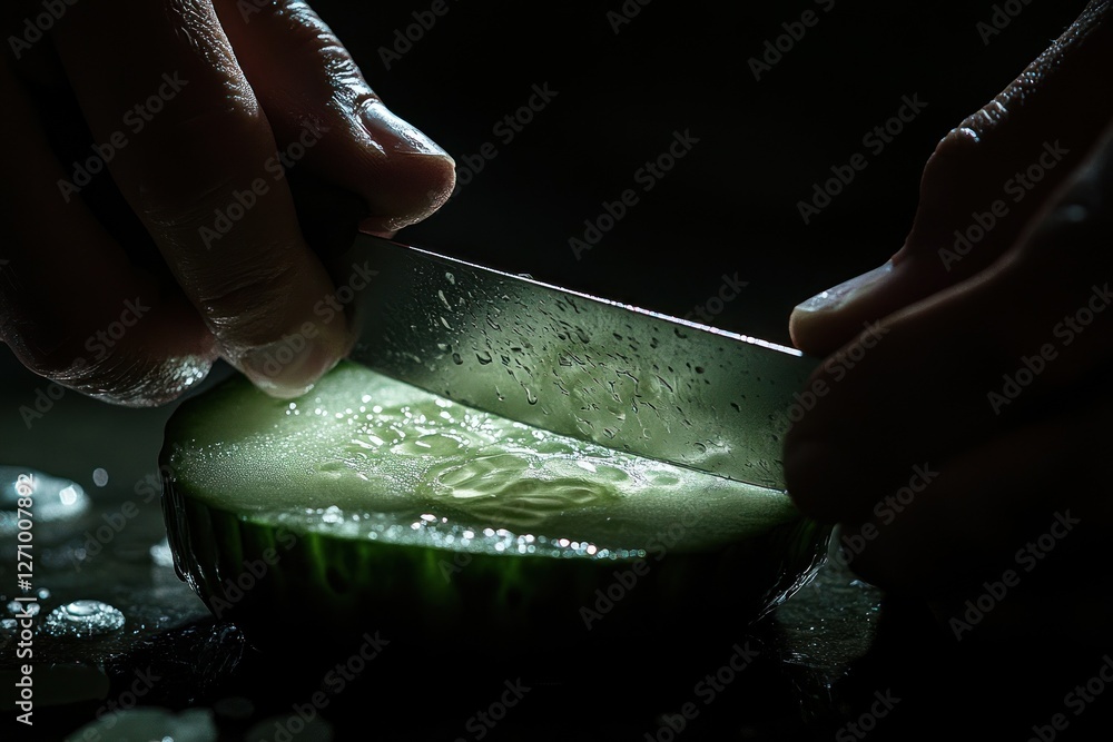 Poster close-up of hands slicing a fresh cucumber with a knife.