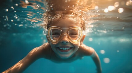 Naklejka premium Joyful child swimming underwater, wearing goggles and smiling, enjoying a refreshing swim in a pool or the sea