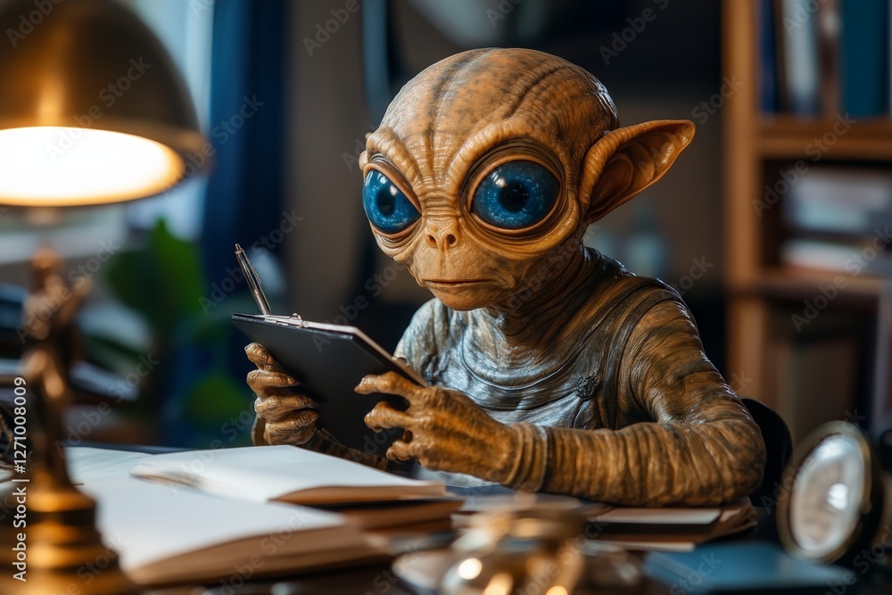 Poster alien creature studying an ancient text at a dimly lit desk in a cozy library during late evening ho