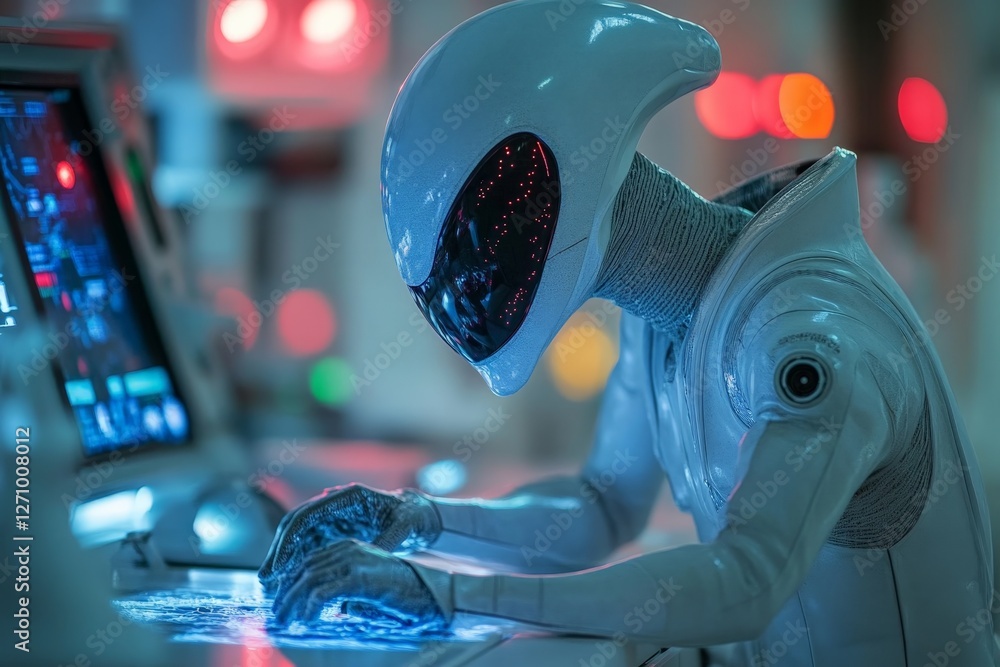 Poster futuristic humanoid exploring technology in a high-tech lab during an illuminated cybernetic researc