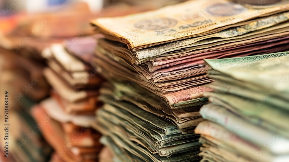 Fototapete close up view of a large stack of assorted banknotes in various denominations and currencies : gener