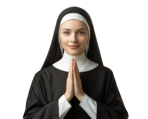 nun in traditional attire, with hands clasped in prayer, exuding serenity and devotion. image captures peaceful expression, symbolizing faith and spirituality