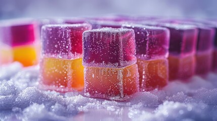 Colorful gelatin cubes in a snowy setting, showcasing vibrant textures and bubbles.