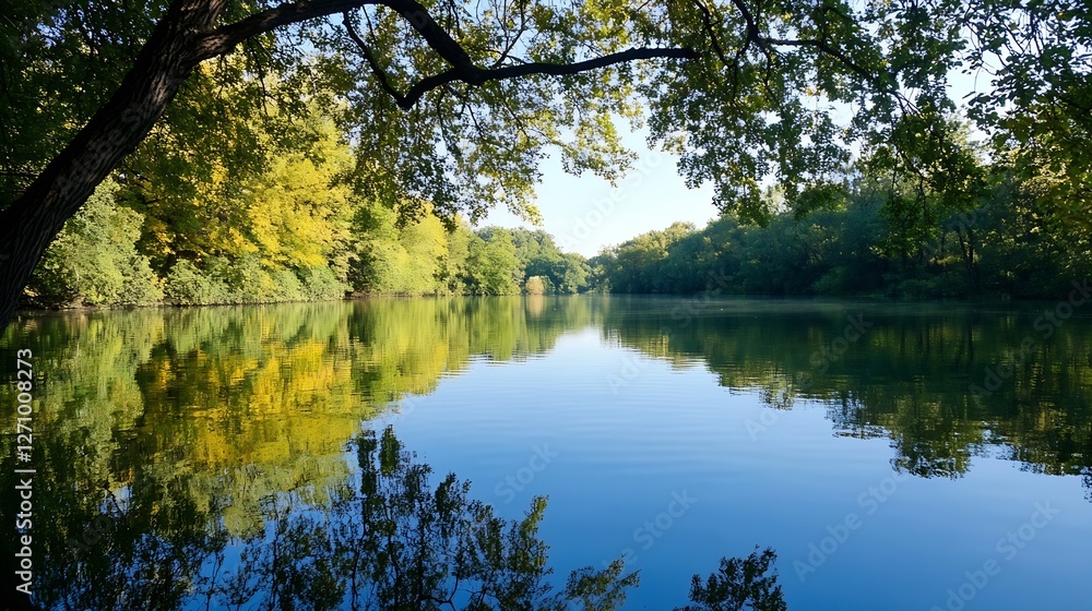 Poster Tranquil river landscape reflecting trees and sky creating a serene natural environment : Generative AI