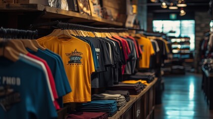 Obraz premium Various colorful t-shirts hanging on wooden hangers in a clothing store, showcasing a range of designs and styles