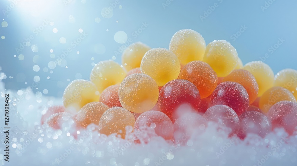 Poster a colorful arrangement of spherical candies on a soft surface, illuminated with a dreamy effect.