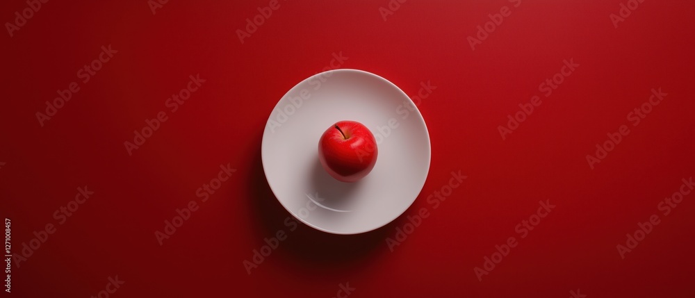 Poster 3d rendering of a single red apple on a white plate. the apple is placed in the center of the plate,