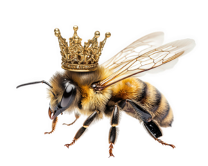queen bee wearing elegant golden crown, symbolizing royalty and majesty. This unique insect showcases intricate details and vibrant colors, representing nature beauty