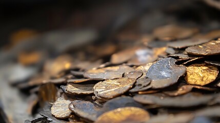 Detailed close up of old copper coins piled together illustrating history and wealth : Generative AI