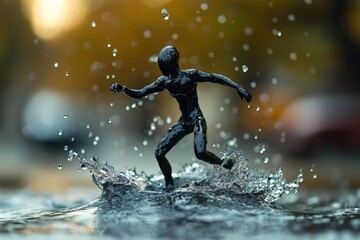 Fototapeta premium Dynamic sculpture of a figure dancing on water splashes in an urban setting during golden hour