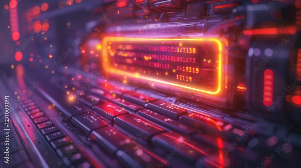 Poster A workstation illuminated by vibrant colored lights displays intricate circuitry and glowing elements, highlighting the complexity of technology during evening hours.