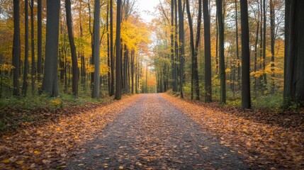 Obraz premium Autumnal Forest Road, fall foliage, pathway, nature scene, tranquil, peaceful, ideal for social media