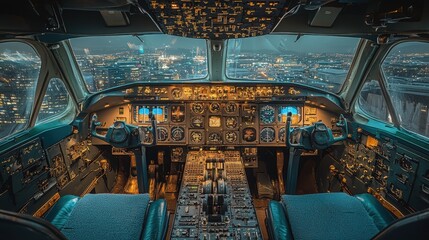 Fototapeta premium Captivating View of an Aircraft Cockpit at Night Featuring Control Panels, Instrument Displays, and City Lights in the Background for Aviation and Travel Enthusiasts