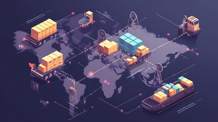 A supply chain network map with highlighted logistics routes, professional digital infographic