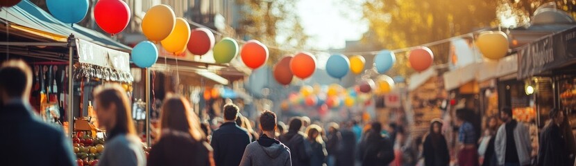 Festive street market with colorful balloons and blurred crowd.