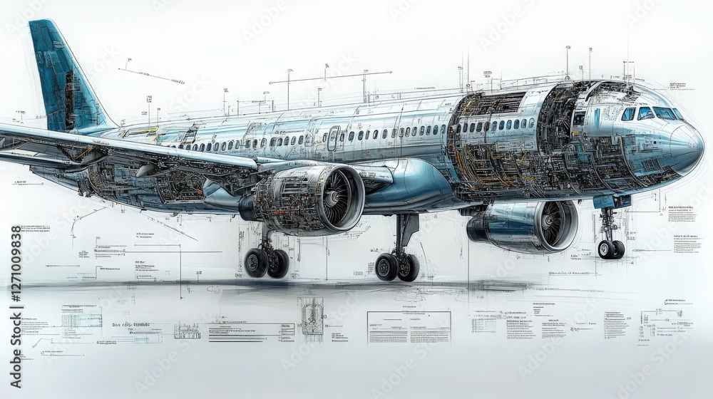Poster Detailed Technical Illustration of an Aircraft Engine with Cross-Section View and Engineering Diagrams Showcasing the Internal Components and Structure