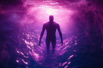 Obraz premium Ethereal figure emerges from vibrant purple waters at twilight, creating a mystical atmosphere in an otherworldly setting