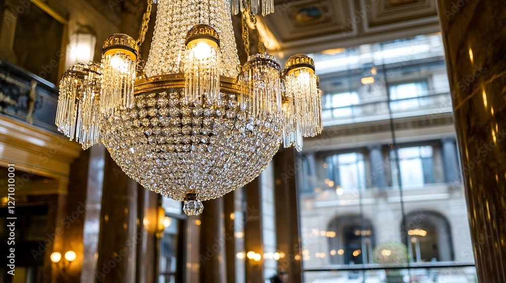 Poster dazzling crystal chandelier illuminating a grand space with intricate details and luxurious finish :
