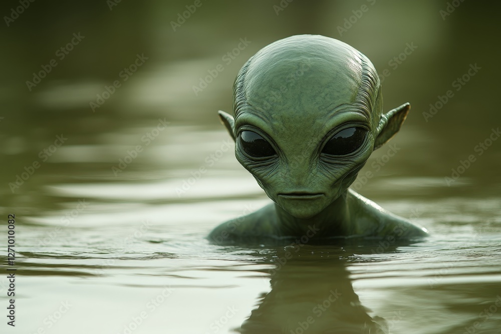 Aufkleber alien creature emerges from water in mysterious forest setting during twilight hours