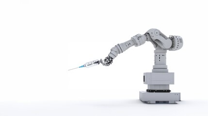 Robotic arm holding an injection, illustrating AI robot assist in healthcare, medical robotics, robotic surgery, AI agent