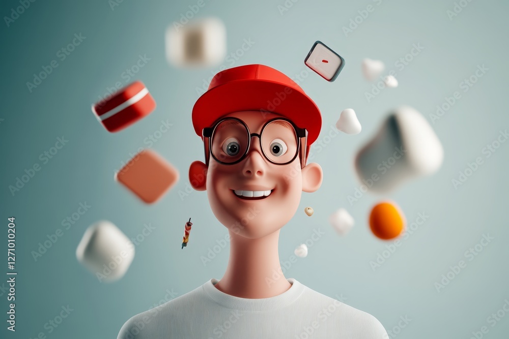 Poster creative character with a joyful expression surrounded by playful objects against a soft backdrop