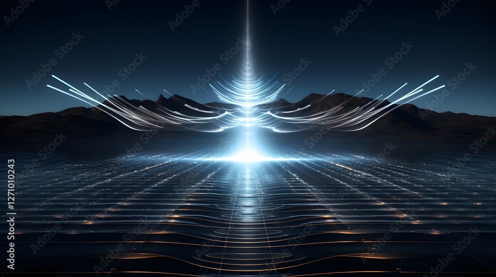 Poster captivating surreal conceptual art depicting dynamic energy waves and particles radiating from a mys