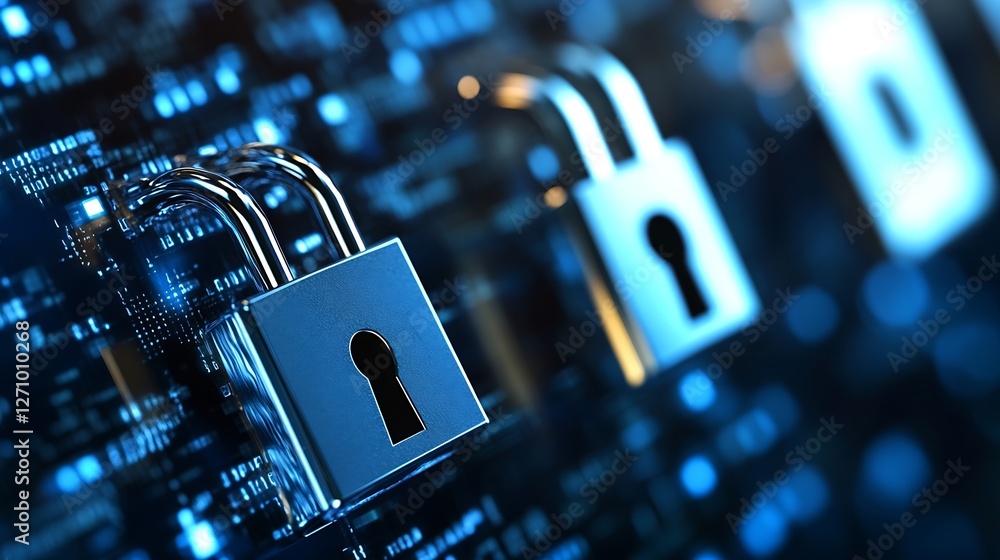 Leinwandbilder Modern digital locks on a high tech blue background symbolizing data security and protection : Generative AI