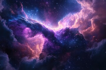 Fototapeta premium Vibrant nebula in deep space with swirling clouds of gas and dust, stars scattered throughout.