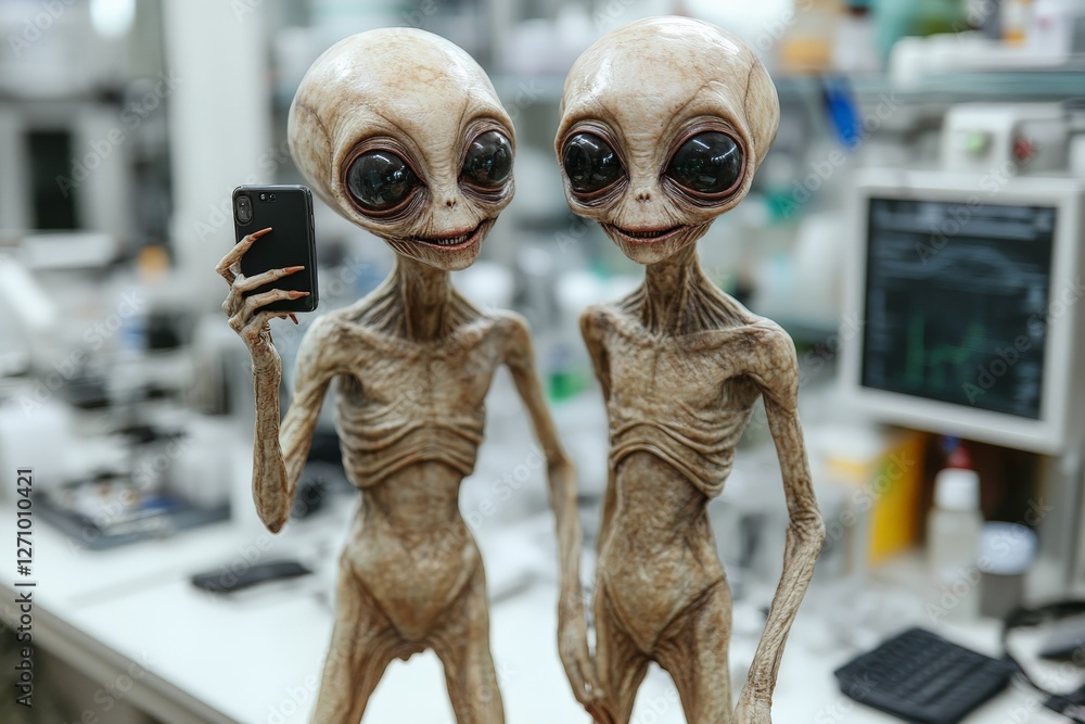 Poster two alien figures in a laboratory setting taking a selfie with a smartphone during a research experi