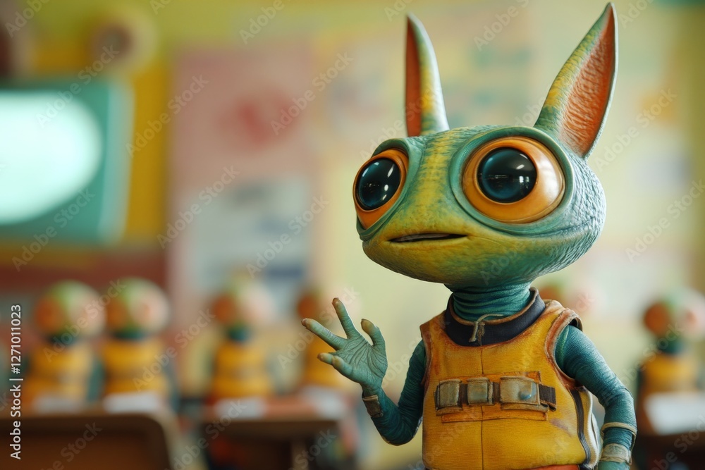 Poster cute green animated character interacts in a vibrant classroom setting filled with classmates